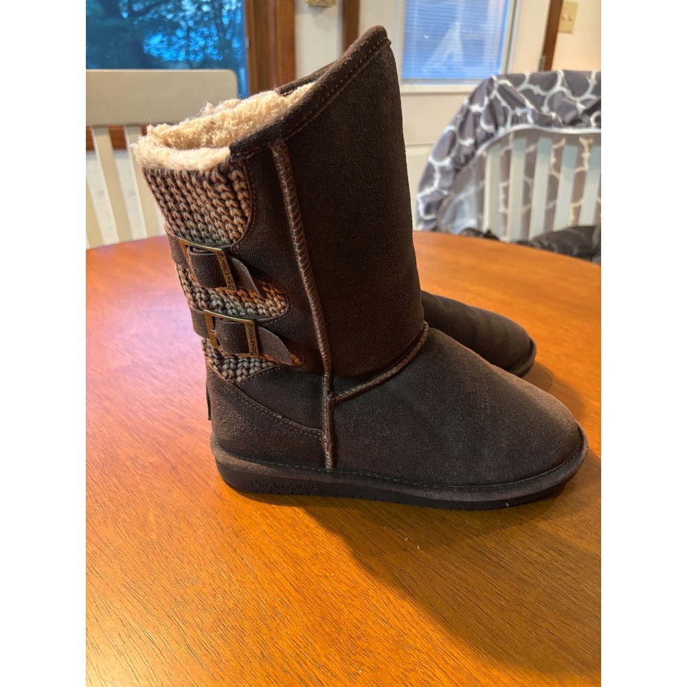 Bearpaw Boshie Womens Brown Suede Knit Back Buckle Mid Calf Winter Boots Size 8